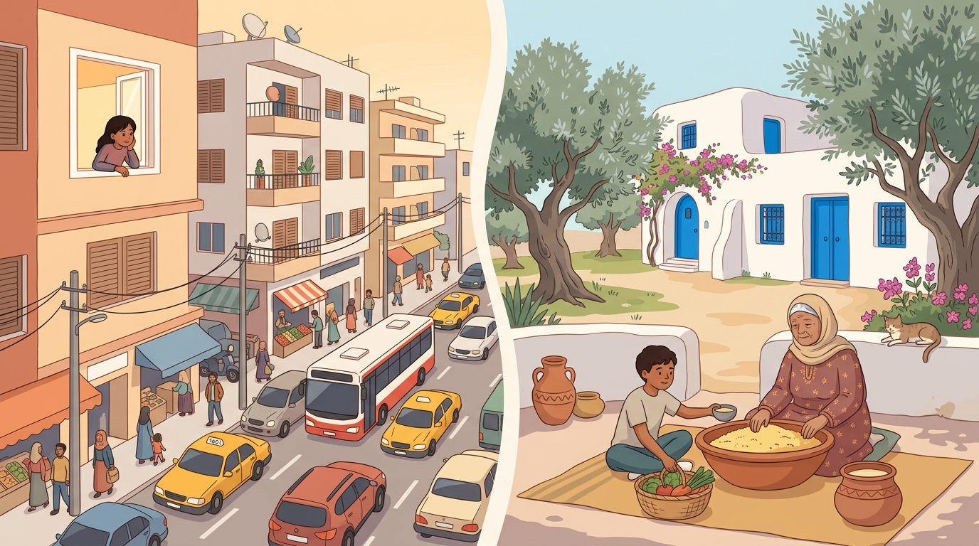 À gauche une rue de ville bruyante, à droite la maison calme des grands-parents où la grand-mère prépare le couscous